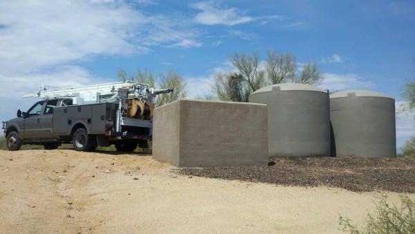 Multiple water storage tanks.