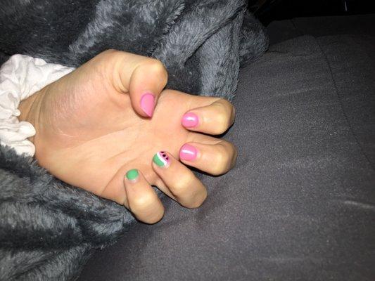 these nails are from about two weeks ago and still flawless ....i absolutely love my watermelons for the summer