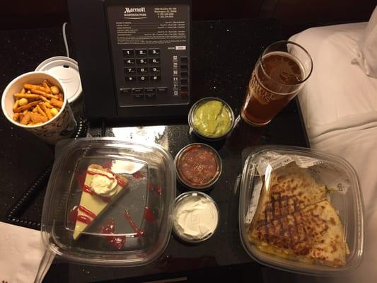 Quesa, key lime pie, loose cannon IPA and bar snack mix. Eating and drinking in my room in bed: priceless!