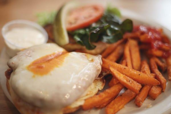 Buffalo Chicken samich with sweet potato fries.