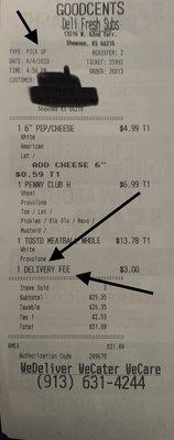 shows time of order, says pickup, shows a charged delivery fee, and the requested missing provolone