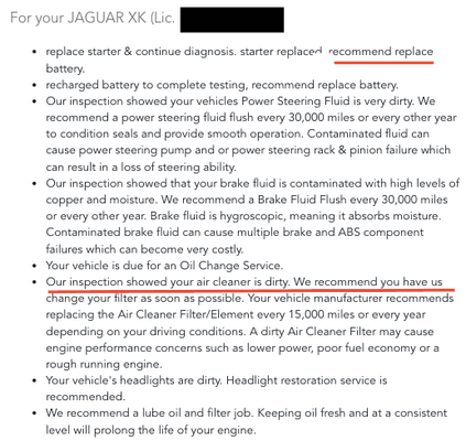 Item2- vehicle inspection report suggesting to replace the battery and "our inspection showed your air cleaner is dirty."