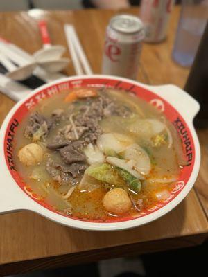 Seafood Malatang with beef and rice cakes