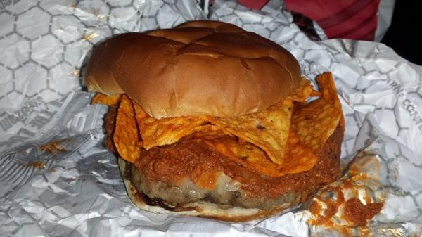 The Gringo Burger. Burger with pepper jack cheese, chili, and Doritos. Doesn't look pretty, but not a bad burger.