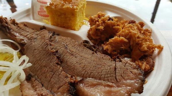 Dry ass brisket horribly crunchy rice they called jambalaya and cold cornbread with honey on top. Smh