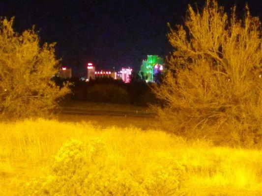 A 2019 look thru the outfield fence onto The Row, downtown; McCarran Boulevard, foreground