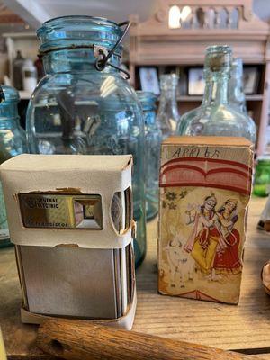 Transistor radio, antique canning jars, keepsake box