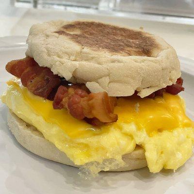 Egg and Cheese Sandwich with bacon on an English muffin