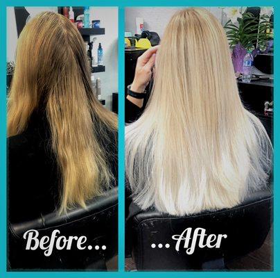 Client's before and after balayage hair highlighting appointment