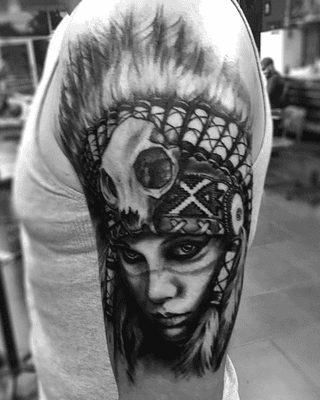 Black and Grey Realism Native American Indian War Chief Tattoo