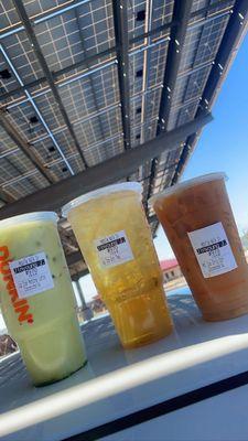 Iced Matcha Latte, Iced Tea (green), and Original Blend Iced Coffee  with coconut milk!