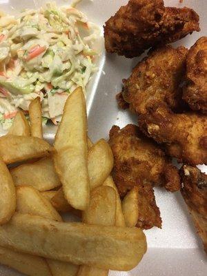 Chicken Wings with homemade Cole Slaw and French Fries.