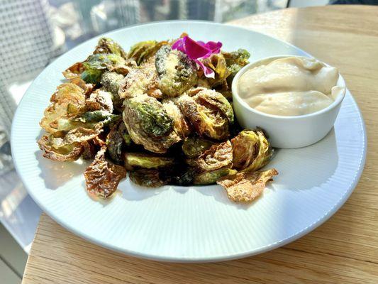 Crispy Brussels Sprouts. Portion size is large! These crispy little things are delicious. Comes with a small bowl garlic aioli.