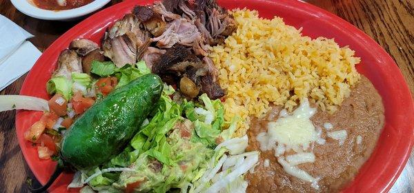 Carnitas with rice and beans