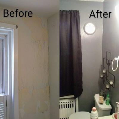 Bathroom walls patched and repainted gray, all trim and heater painted white.