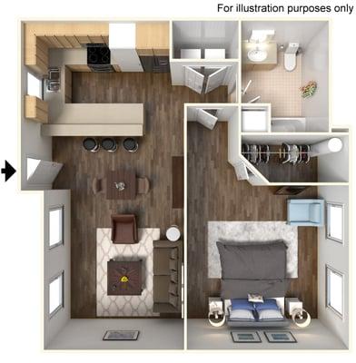 This 930sqft 1 bedroom is huge!  Even has a walk in closet!