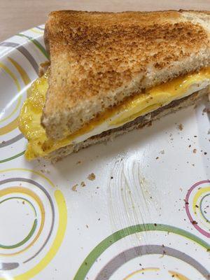 Sausage, egg and cheese on toast.