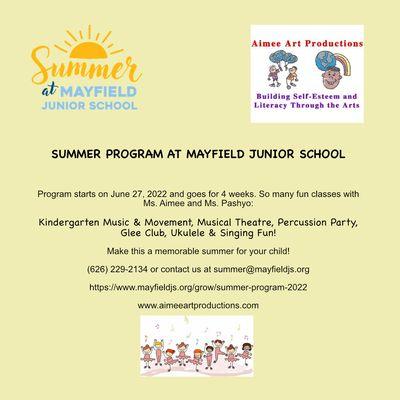 Join us this summer for educational and fun classes. 
Here is the website to sign up:
https://www.mayfieldjs.org/grow/summer-program-2022