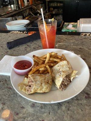 Steak and cheese wrap with french fries food is awesome Rings are awesome the employees are so awesome they're all my favorites