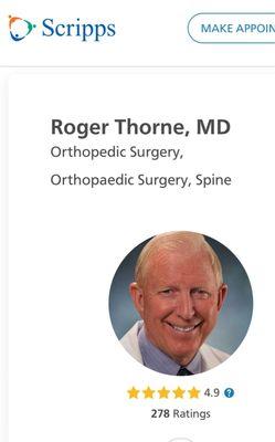 4.9 Star Rating with 278 Ratings/Reviews https://www.scripps.org/physicians/5481-roger-thorne?tab=tab_overview