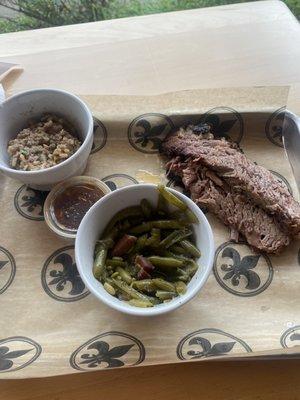 Brisket plate with green beans and rice dressing