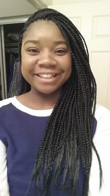 Happy client selfie from home after braids by Barbara at the African Traditions Salon in Berkely Ca.