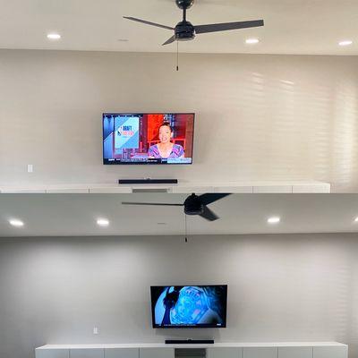 Installed TV, sound bar, (4) ceiling LED can lights, electrical/mount for new ceiling fan.