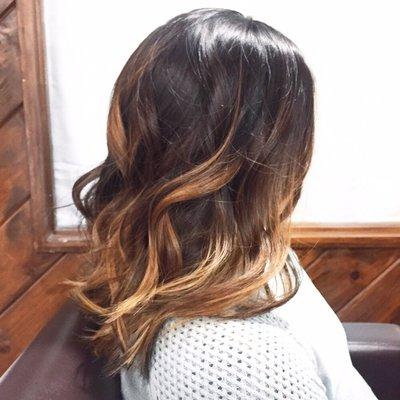 Balayage/Ombre/hand painted highlights and low lights and a long bob haircut