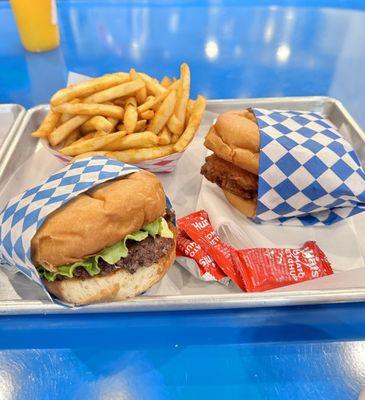 Fried chicken sandwich, 1/2lb BigE burger and fries