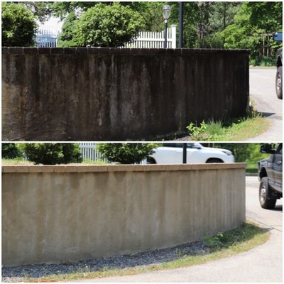 Pressure washing of concrete wall in Andover Massachusetts