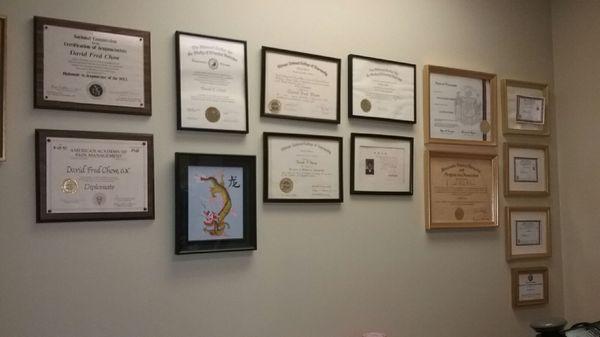 Some of Dr. Chow's diplomas