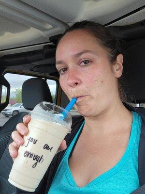 Drinking a Peanut Butter Bamana Oatmeal smoothie and it was delish!!!