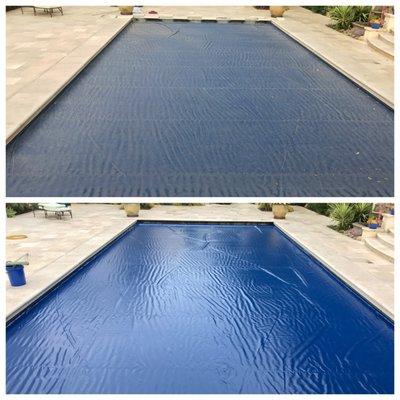 Before and after of a pool cover cleaning.