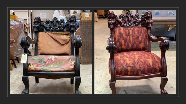 Before and after of a Victorian Gothic Revival Arm Chair