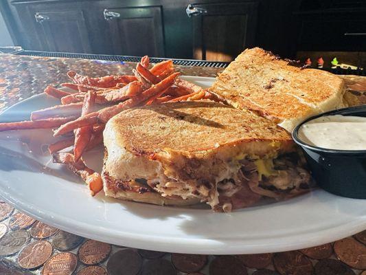 Cuban sandwich with sweet potato fries and chipotle ranch (definitely ask for the chipotle ranch).