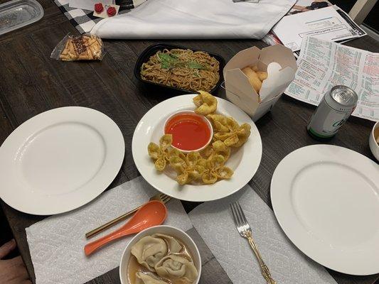 Veggie lo mein, sweet & sour chicken, crab rangoons, wonton soup.