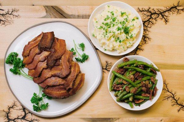 Granny's Meatloaf with gruyere mashed potatoes and pecan green beans