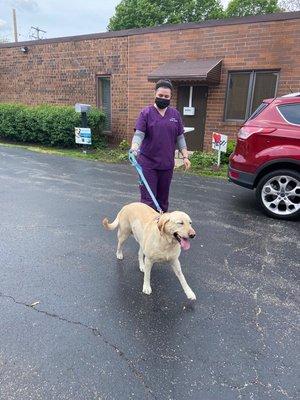 Bella was very excited to get her stitches out and to be going home! She is smiling!