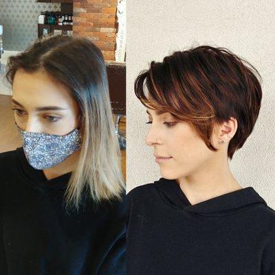 Before and after of a beautiful pixie cut.