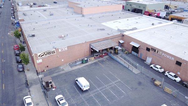 Aerial view of our warehouse. Complimentary parking for our costumers.