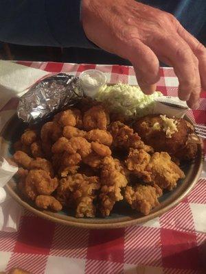 Thursday $10 seafood platter. Shrimp, whiting, crab cake, oysters.