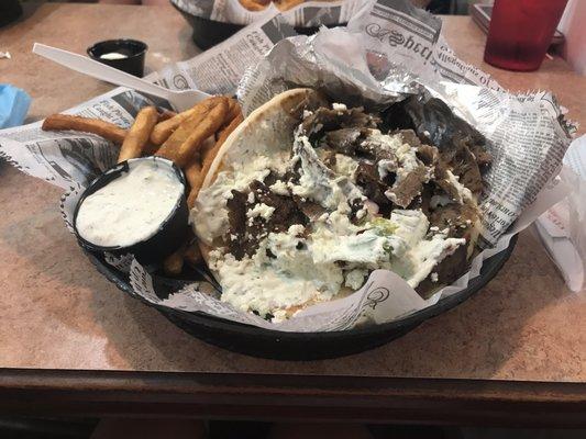 Gyro with feta and fries.