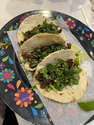 Tacos de bistec, freshly made corn tortillas. Delicious.