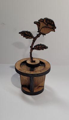 Wooded Desk Piece. Rose in Pot.