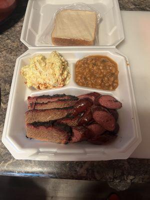 Potato salad, Baked beans with Brisket and sausage