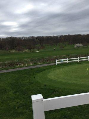 Putting green and the 18th hole fairway in the background.