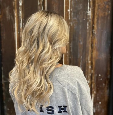 Full head of highlights, shadow root, blow out and curled with hot tool