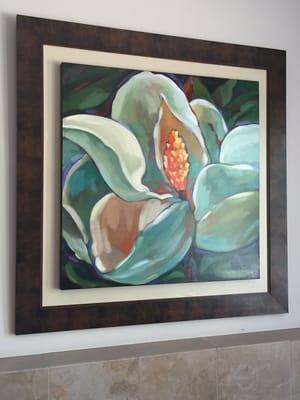 My original painting, "Magnolia", 36x36", which was brought in, in 2015, to be framed at PAINTED WITH OIL IN SCOTTSDALE.