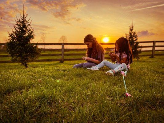 Girls playing in a field