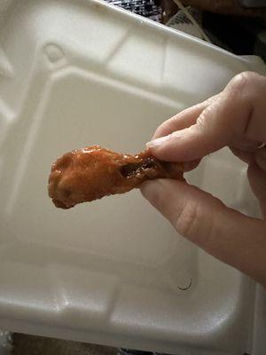 Overcooked and very dry. The wings were Micro sized. Maybe 2 1/2 inches at best. Every single wing and flat was  like this.  .